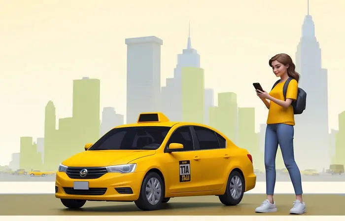 Girl with a Smartphone Booking Taxi 3D Character Design Illustration